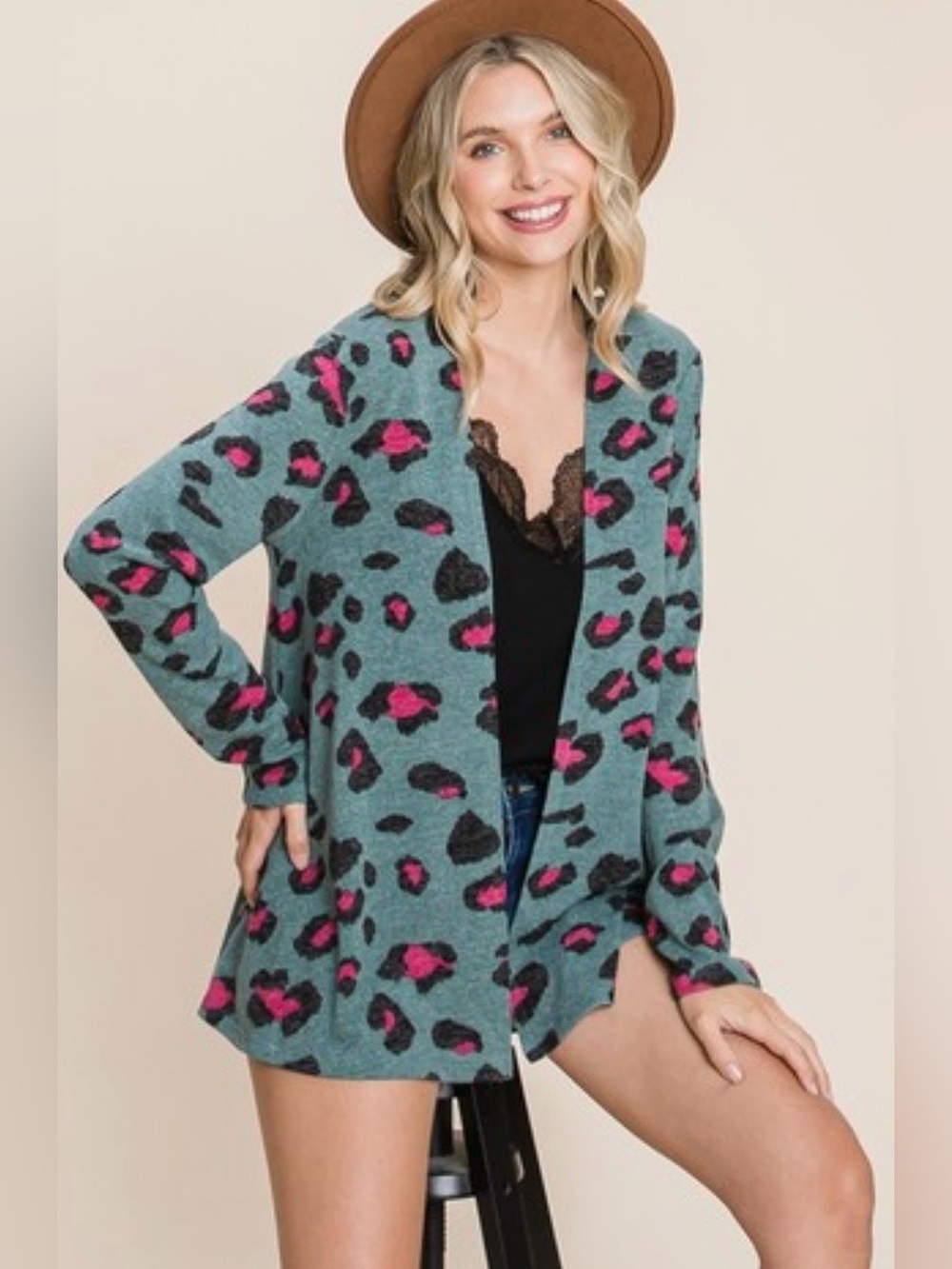 Emerald Cheetah Print Lightweight Open Cardigan Teal Green Pink Women’s Y2K NWOT